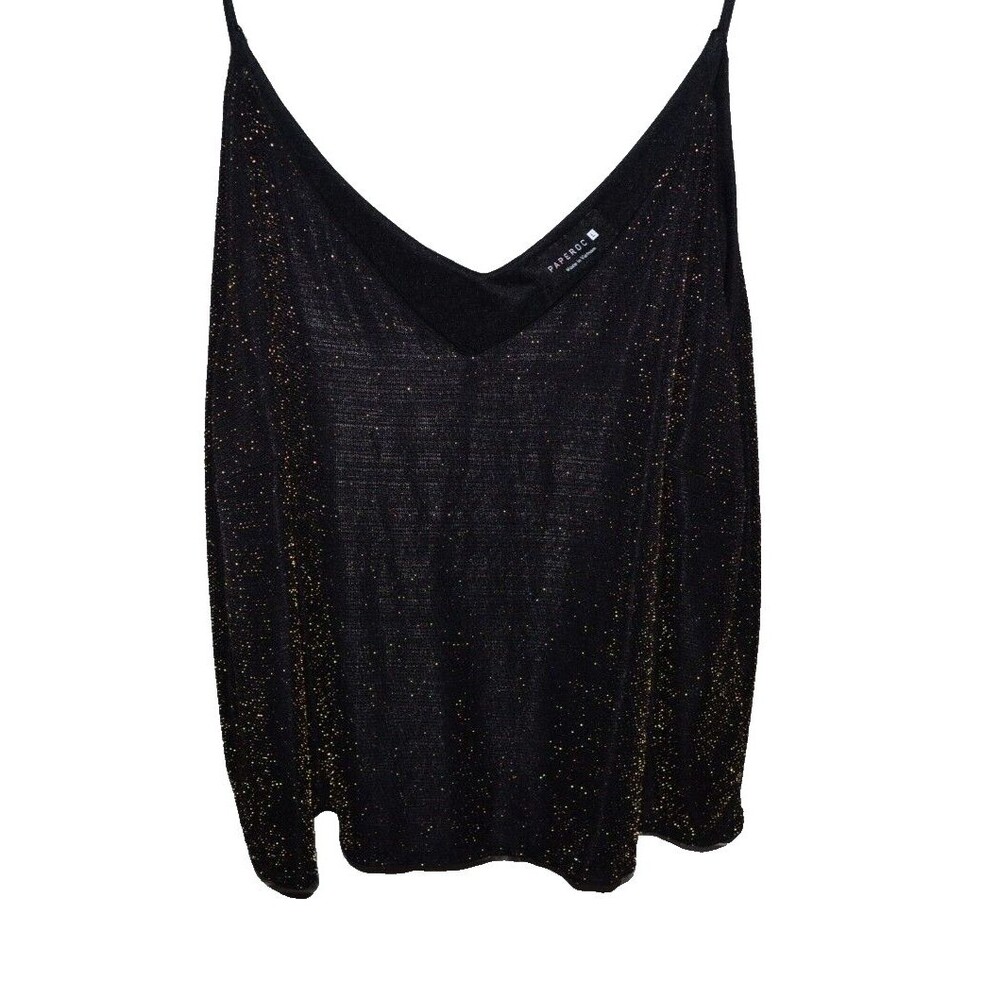 Paperoc Camisole Top Womens L sparkle Shimmer gold Black‎ Spaghetti Strap V Neck